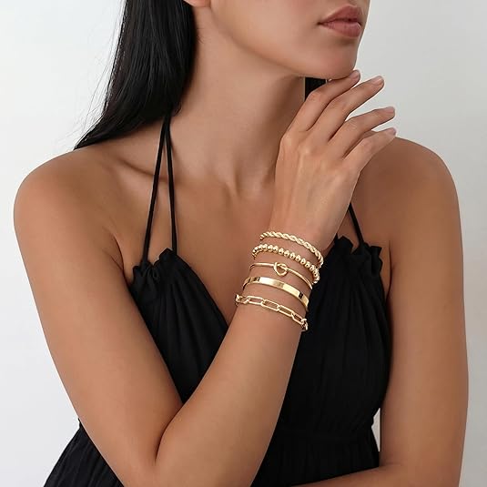 Gokeey Gold Bracelets Set for Women Non Tarnish, Waterproof 14K Gold Plated Sterling Silver Chunky Cuff Bracelet Stackable Gold Bangles