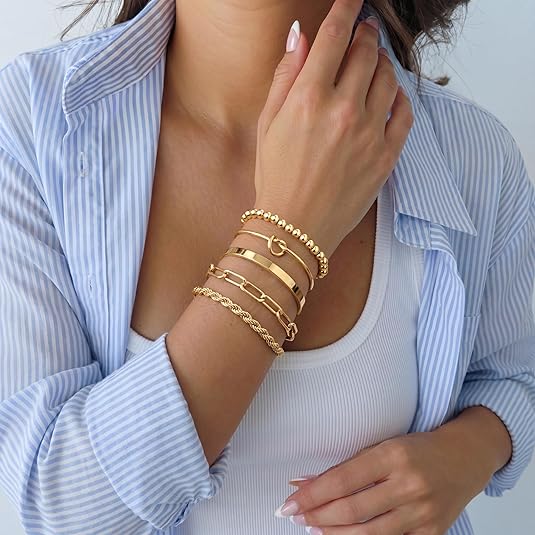 Gokeey Gold Bracelets Set for Women Non Tarnish, Waterproof 14K Gold Plated Sterling Silver Chunky Cuff Bracelet Stackable Gold Bangles