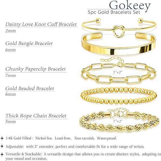 Gokeey Gold Bracelets Set for Women Non Tarnish, Waterproof 14K Gold Plated Sterling Silver Chunky Cuff Bracelet Stackable Gold Bangles