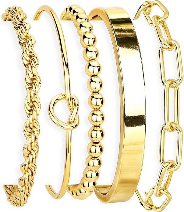 Gokeey Gold Bracelets Set for Women Non Tarnish, Waterproof 14K Gold Plated Sterling Silver Chunky Cuff Bracelet Stackable Gold Bangles