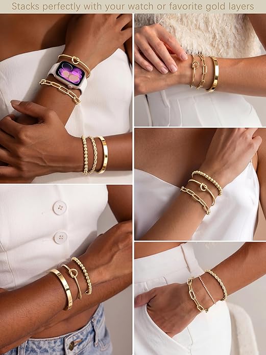 Gokeey Gold Bracelets Set for Women Non Tarnish, Waterproof 14K Gold Plated Sterling Silver Chunky Cuff Bracelet Stackable Gold Bangles